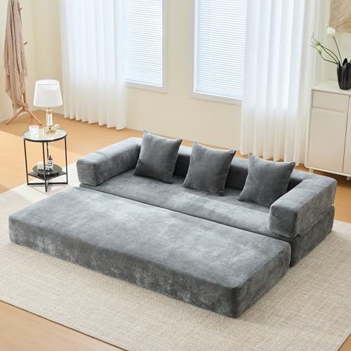 Convertible Sleeper Sofa Bed with Cylindrical Pillow, Corduroy Folding Mattress Couch with Fixed-Shape Frame