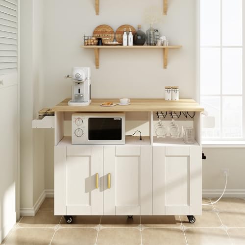 Rolling Mobile Kitchen Island Cart with Desktop Drop Leaf Countertop, Island Table Storage with 5 Wheels