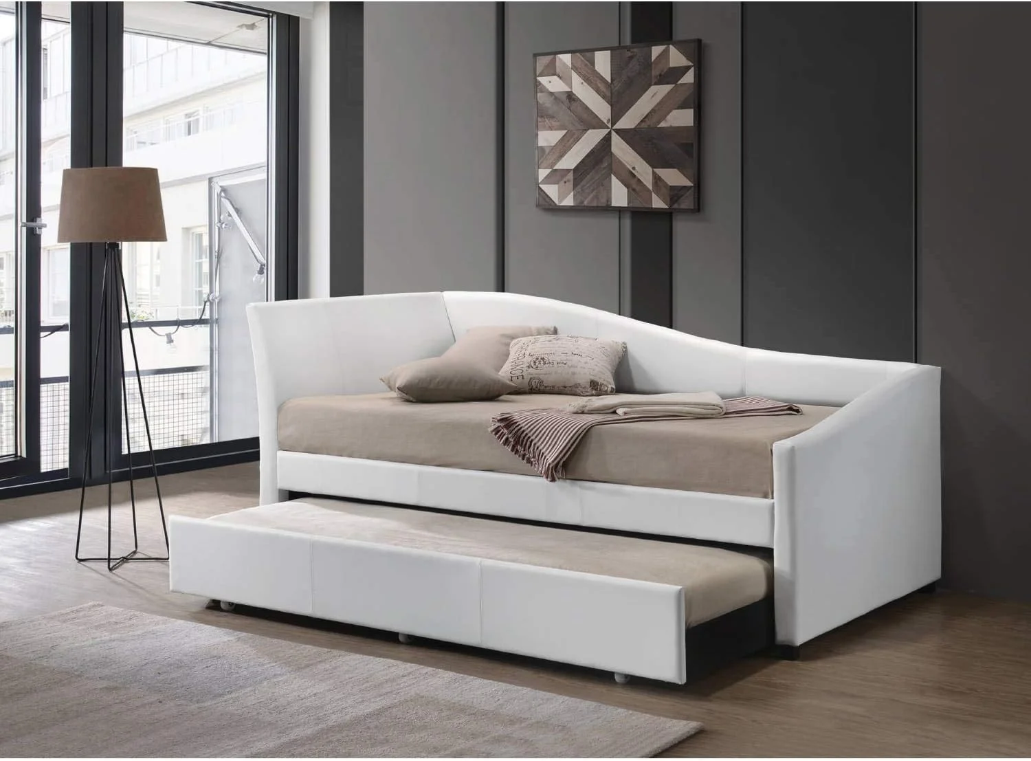 Upholstered Daybed With Trundle Modern White Faux Leather Day Beds Solid Rubber Wood Sofa Bed Frame With Guest Trundle For Living Room Bedroom