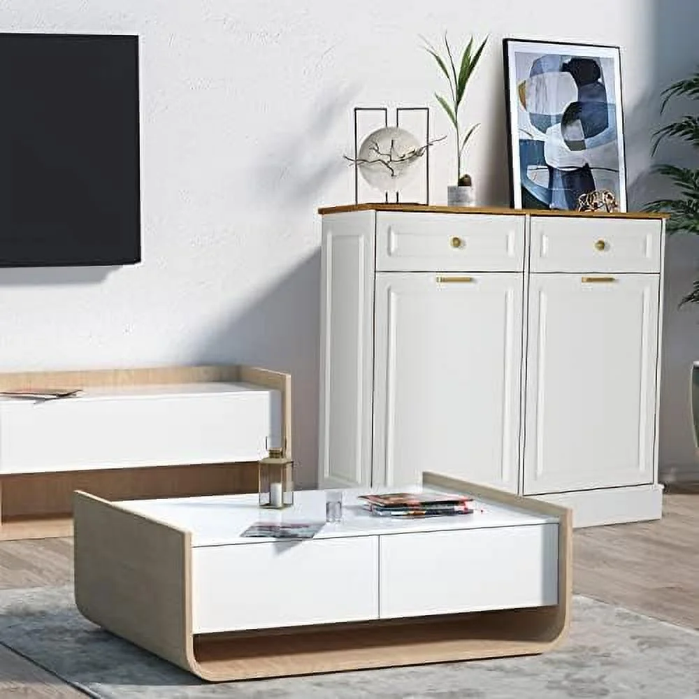 HOOMHIBIU Double Barn Door Style Trash Cabinet  Double Tilt Out Trash Cabinet with Solid Hideaway Drawer Rustic Kitchen Trash Cabinet Free Standing