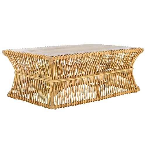 SAFAVIEH Home Collection Gensho Tropical Coastal Boho Natural/Golden Brown Rattan Solid Wood Coffee Table (Fully Assembled)
