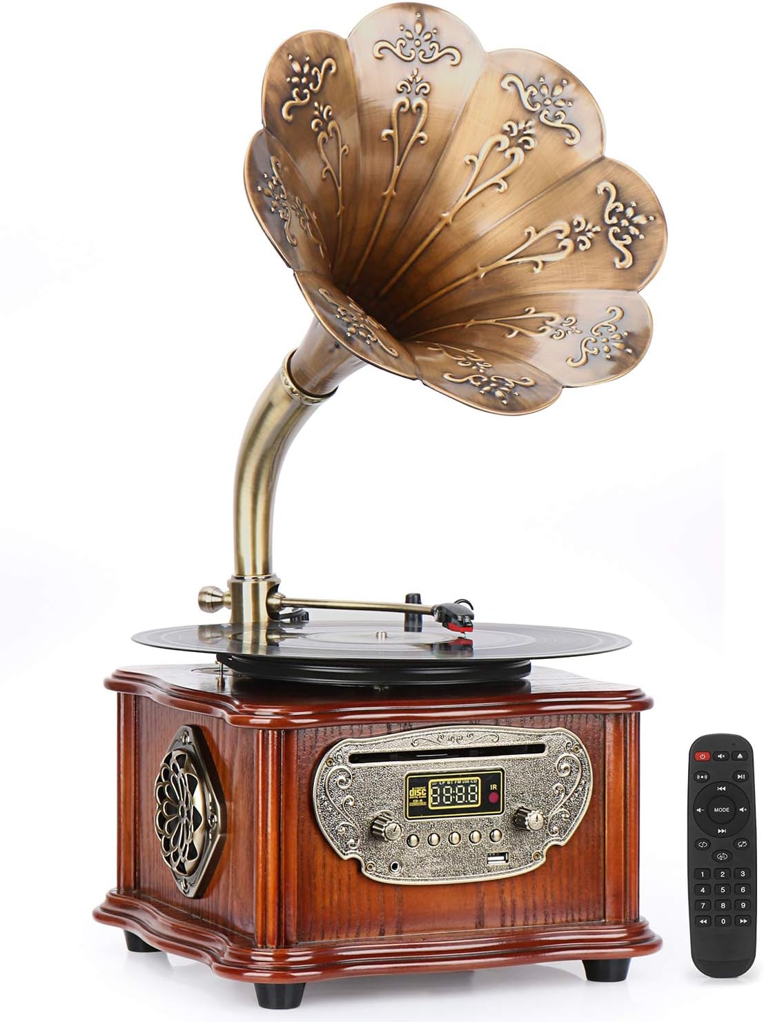 Phonograph Turntable Wireless Speaker, with Aux-in, FM Radio, USB Port for Flash Drive, Aluminum Gramophone Vintage Retro Style (Wood)
