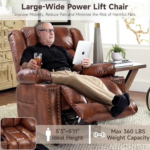 Large Power Lift Chairs Recliners for Elderly with Heated and Massage, Overstuffed Adjustable Lift Chairs, 3 Positions, Breathable Leather