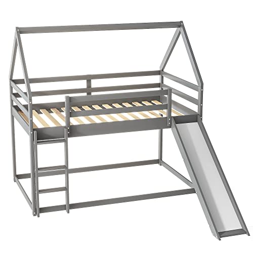 Kids Twin Over Twin Bunk Beds with Slide and Trundle, Solid Wood Bunk Bed Frame with Stairs and Storage