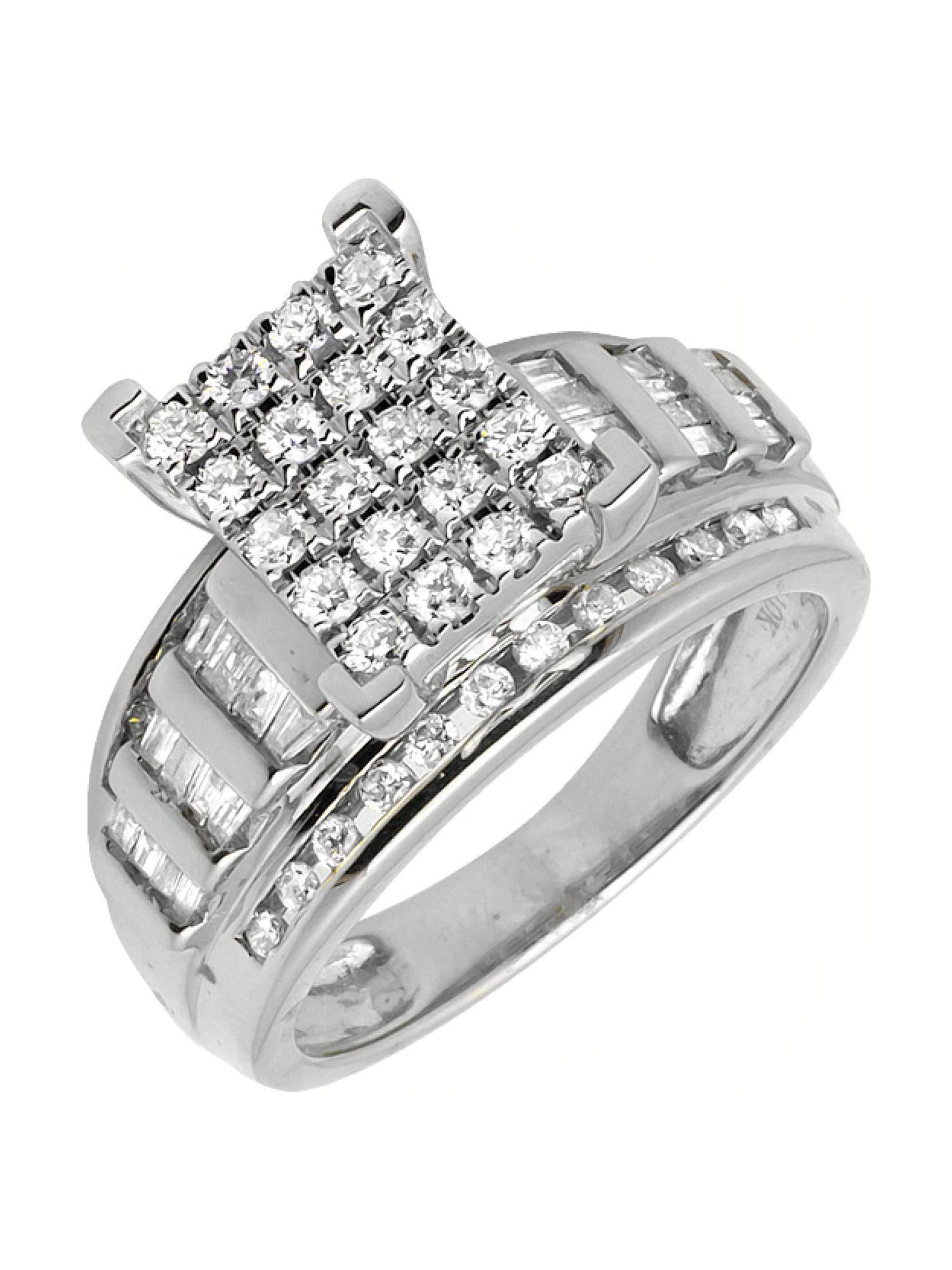 10K White Gold Round-Cut  and Baguette Engagement Diamond Ring 1.0ct.