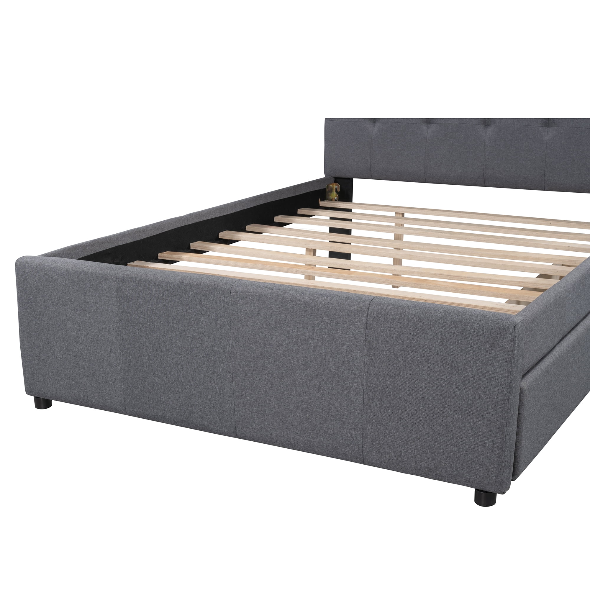 Euroco Upholstered Full Size Platform Bed with 2 Drawers for Kids Room, Solid Wood Daybed for Guests room, Gray