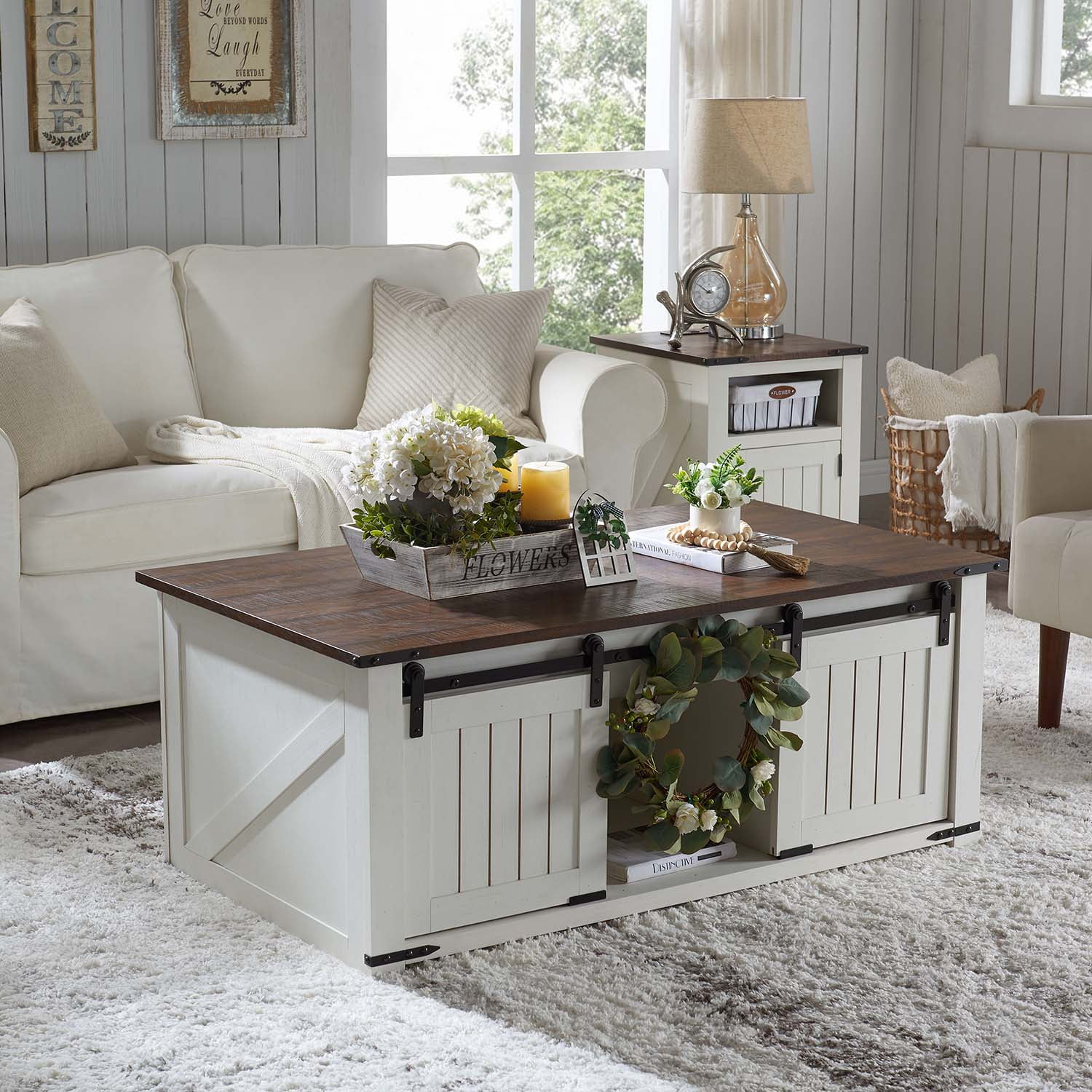 SinCiDo 48” Lift Top Coffee Table, Coffee Table with Storage & Sliding Groove Barn Door