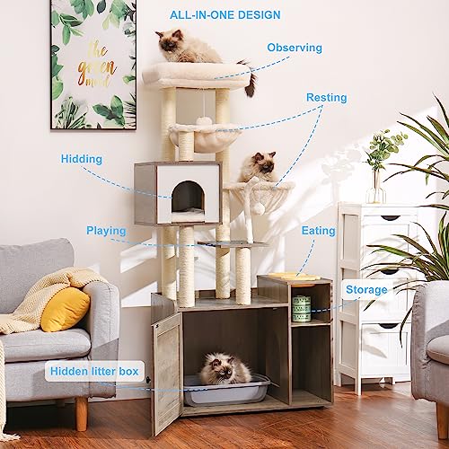Hey-brother Cat Tree with XL Litter Box Enclosure, All-in-one Cat Tower for Indoor Cats with Large Hammock, Bed, Food Station, Scratching Posts