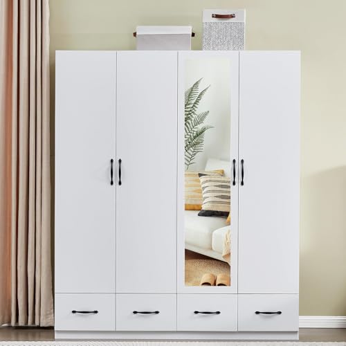 4-Door Wooden Gray Armoire Wardrobe Closet with 3 Drawers for Bedroom Storage Wardrobe Closet Wood with Hanging Rod with Large Storage Wardrobe with