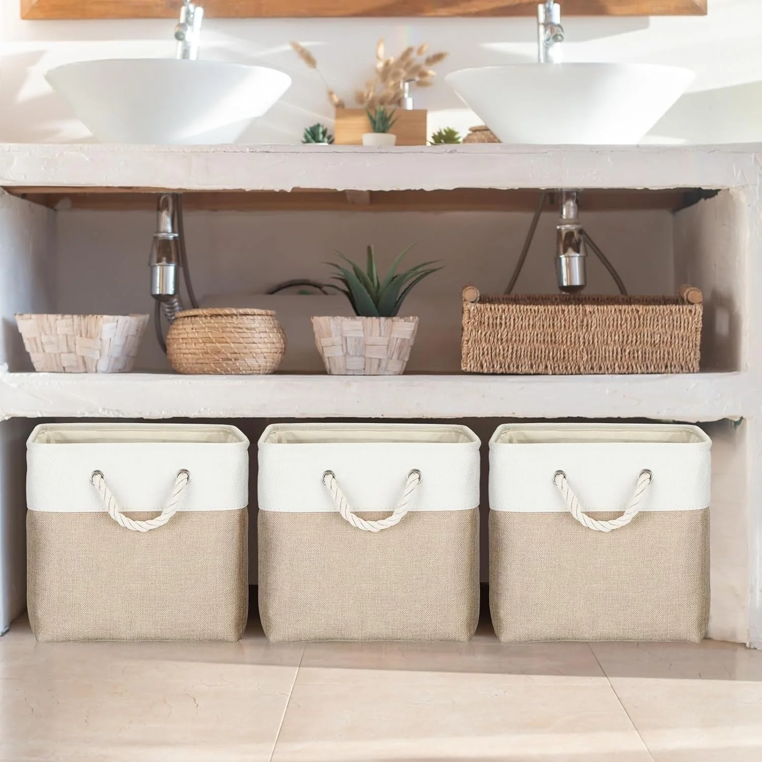 8 Pack Collapsible Storage Bins Fabric Storage Bins Polyester Fabric Baskets with Handles Linen Closet Organizer for Shelf Home Closet Towels Toys