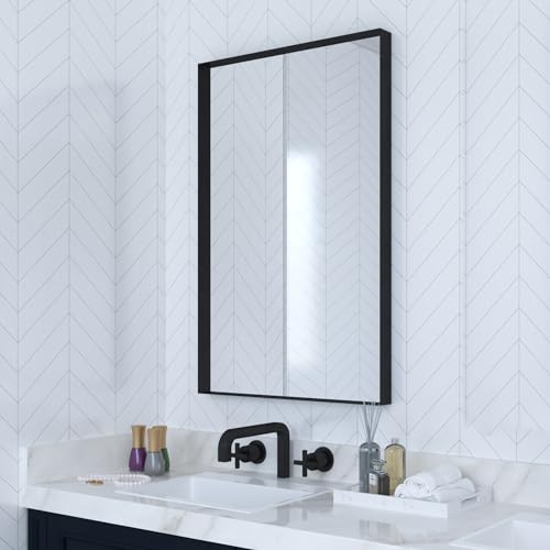 Black Metal Framed Bathroom Mirror for Wall, 30 x 36 Inch Square Corner Rectangle Matte Black Bathroom Vanity Mirror Farmhouse