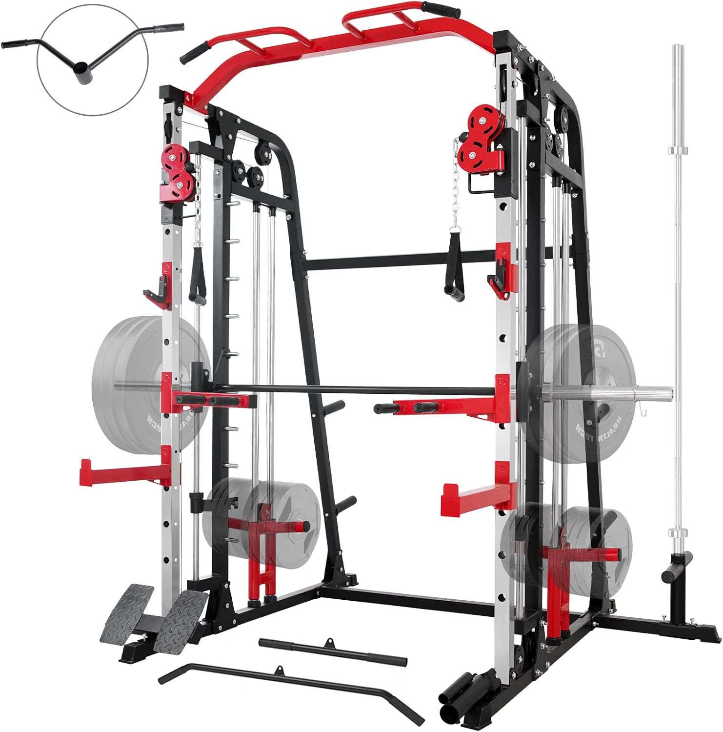Mikolo Smith Machine, Multi-Functional Power Cage with LAT Pulldown System, Weight Cage Squat Rack with Weight Bar, Landmine, Dip Bars