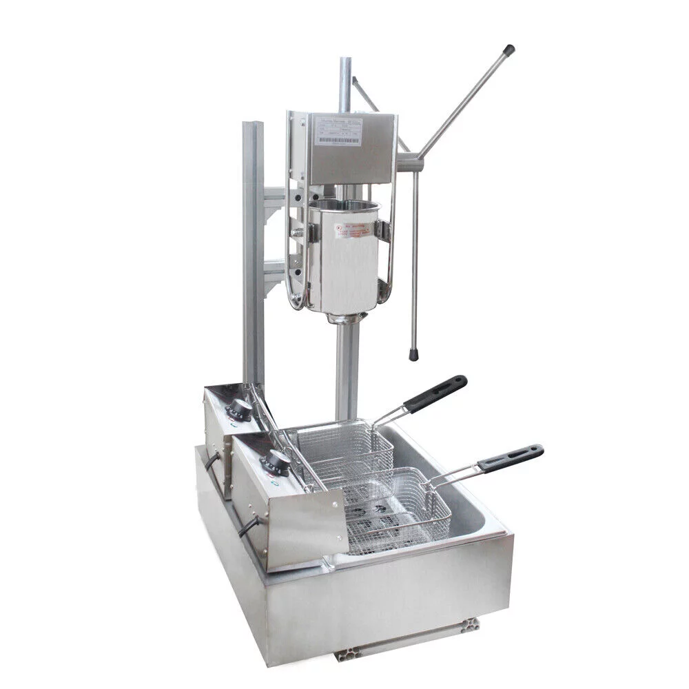 Miumaeov Churros Machine Manual Stainless Steel Vertical Sausage Stuffer with Fryer 2 in 1 Sausage Maker Spanish Churro Maker Commercial Home Spanish