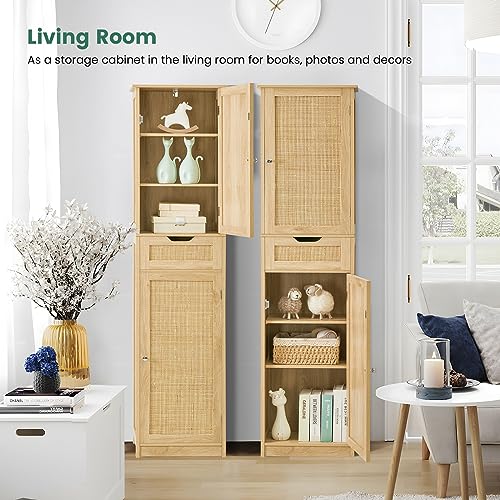 Iwell 67" Tall Bathroom Cabinet, Storage Cabinet with 2 Doors & 1 Drawer, Bathroom Storage Cabinets with Adjustable Shelves, for Living Room