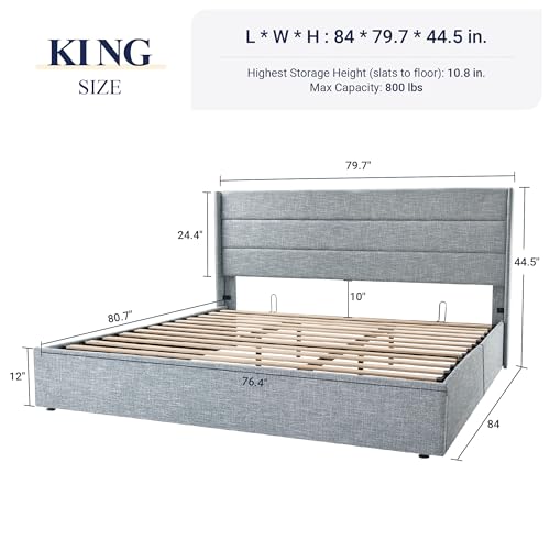 Allewie Full Size Lift Up Storage Bed, Modern Wingback Headboard, Hydraulic Support, No Box Spring Needed, Light Beige