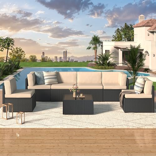 U-MAX 7 Piece Outdoor Patio Furniture Set, PE Rattan Outdoor Wicker Sectional Furniture Chair Set with Cushions and Tea Table