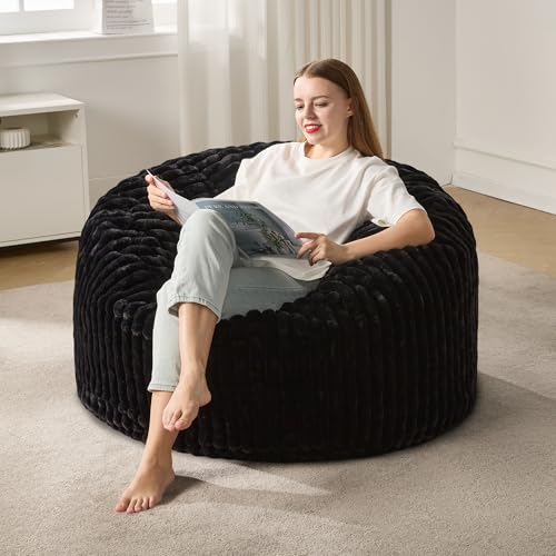 Hobestluk 5ft Bean Bag Chairs for Adults Large Beanbag Chair with Stripe Plush Cover Big Bean Bag Chair for Living Room Bedroom Dorm Office -Black