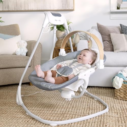 Ingenuity SimpleComfort Lightweight Compact 6-Speed Multi-Direction Baby Swing, Vibrations & Nature Sounds, 0-9 Months 6-20 lbs (Pink Cassidy)