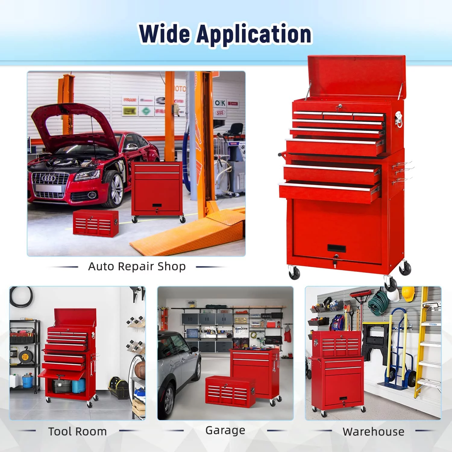 2-IN-1  Tool Chest & Cabinet, Large Capacity 8-Drawer Rolling Tool Box Organizer with Wheels Lockable Craft, Black