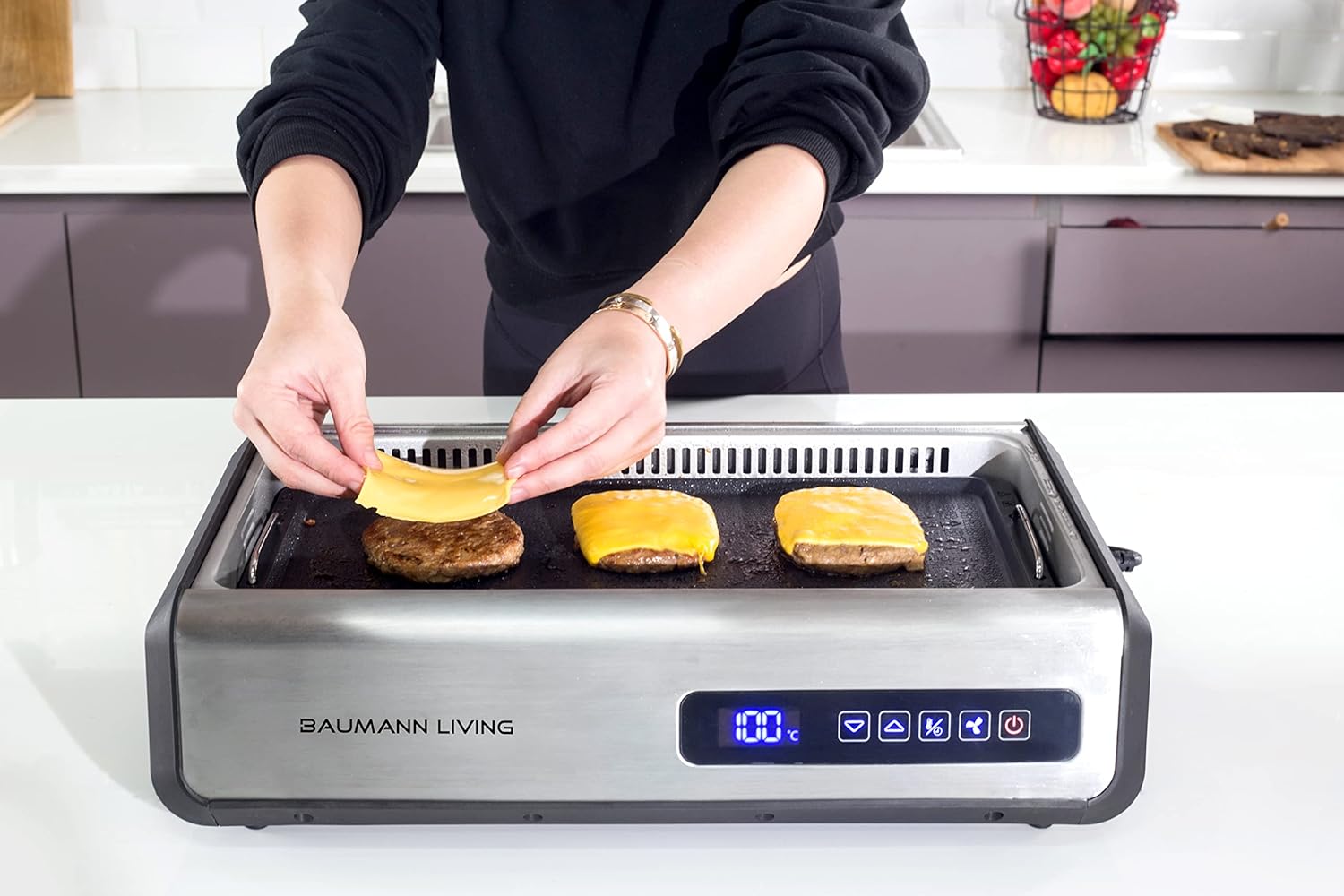 Indoor Smokeless Grill 1500W with Smart LED Touch Screen, Tempered Glass Lid, 2 Removable Ceramic Nonstick Grill & Griddle Plate