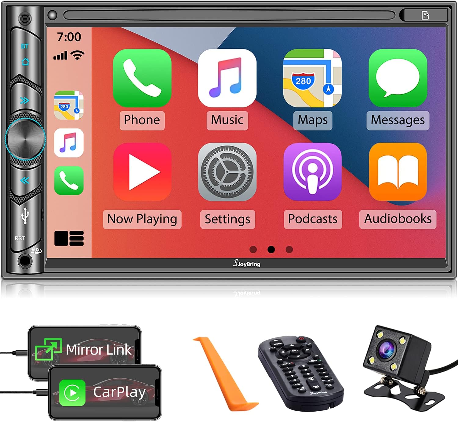 Double DIN CarPlay Multimedia Player, 7" HD Capacitive Touchscreen, Car Stereo with Backup Camera, Bluetooth, 16-Band EQ, Steering Wheel Controls