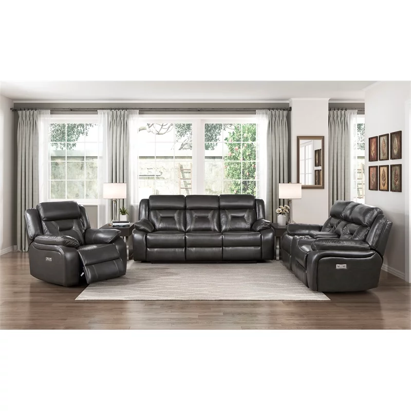 Lexicon Amite Faux Leather Power Double Reclining Loveseat in Dark Gray
