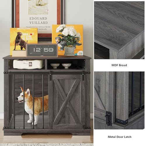 Aoowow Large Double Dog Crate Furniture 72.4" Indoor Dog Kennel with Sliding Barn Door and Divider