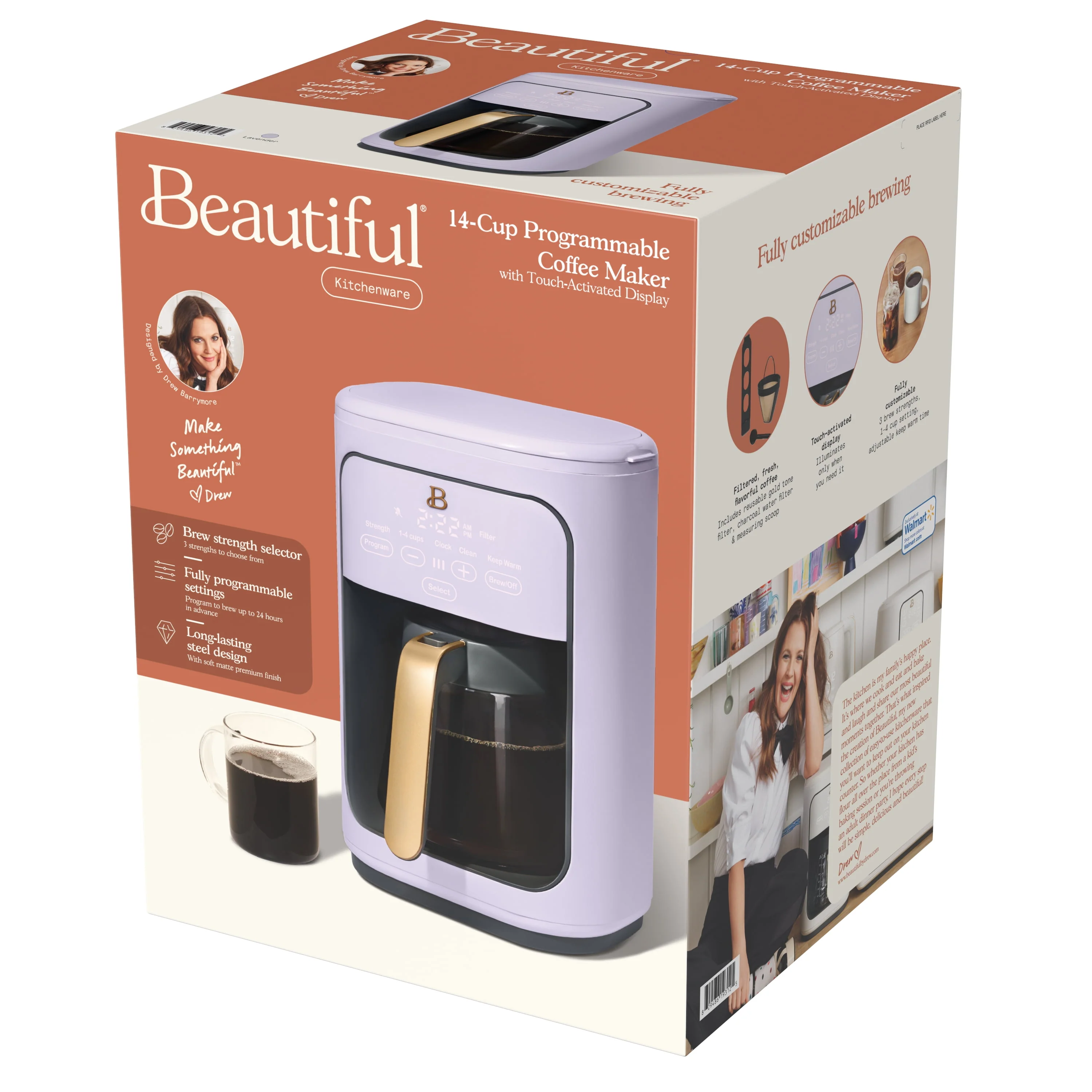 Beautiful 14-Cup Programmable Drip Coffee Maker with Touch-Activated Display, Rose by Drew Barrymore