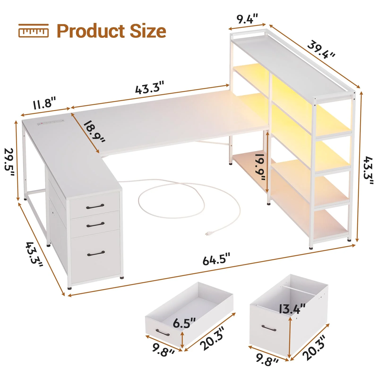 Afuhokles L Shaped Computer Desk, U Shaped Reversible Corner Desk with Power Outlet and Storage Shelves, Gaming Desk with LED Lights