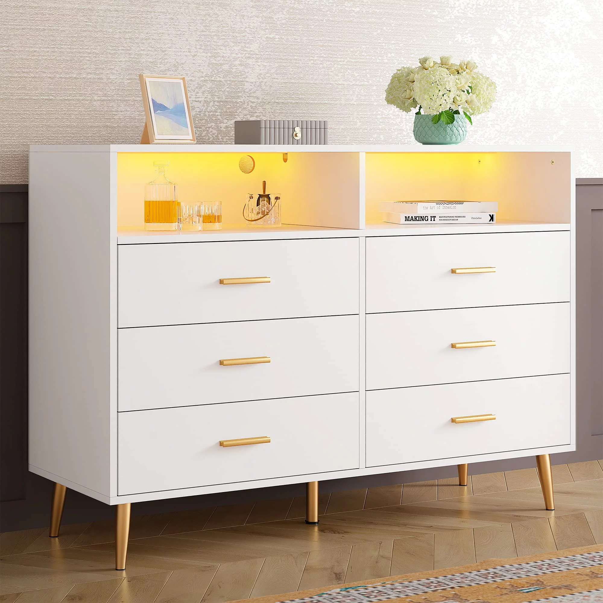 EnHomee Dresser, White Dresser with 6 Deep Drawers, Drawer Dresser with LED Lights, TV Stand Dressers & Chests of Drawers Wood Dresser for Bedroom