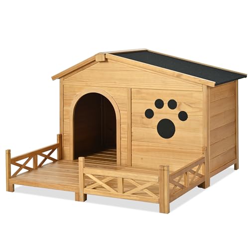 Outdoor Wooden Dog House,Waterproof Kennel with Deck and Sloped Roof,High Stability Pet Dog Cage for Small/Medium Puppy