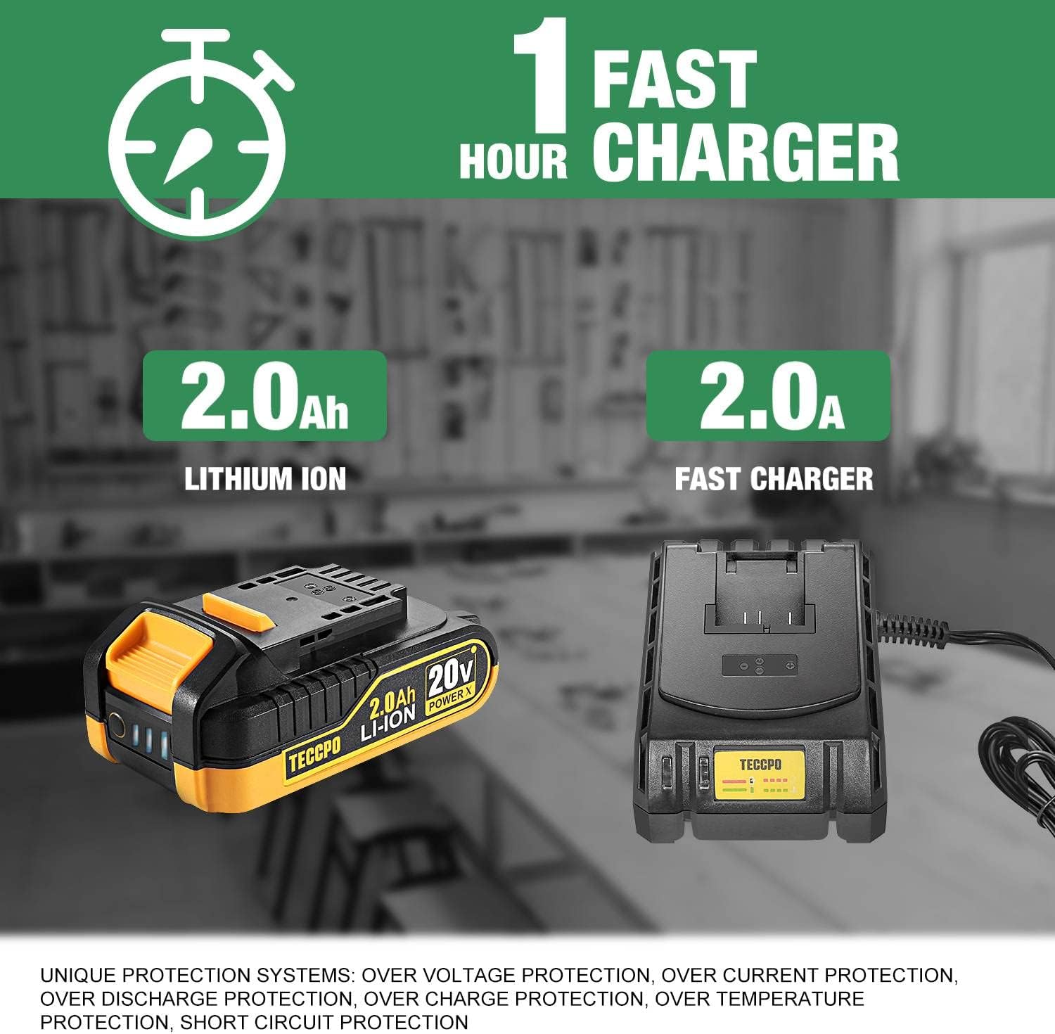 TECCPO Power Drill, Cordless Drill with Battery and Charger(2000mAh), 530 In-lbs, 24+1 Torque Setting, 0-1700RPM Variable Speed