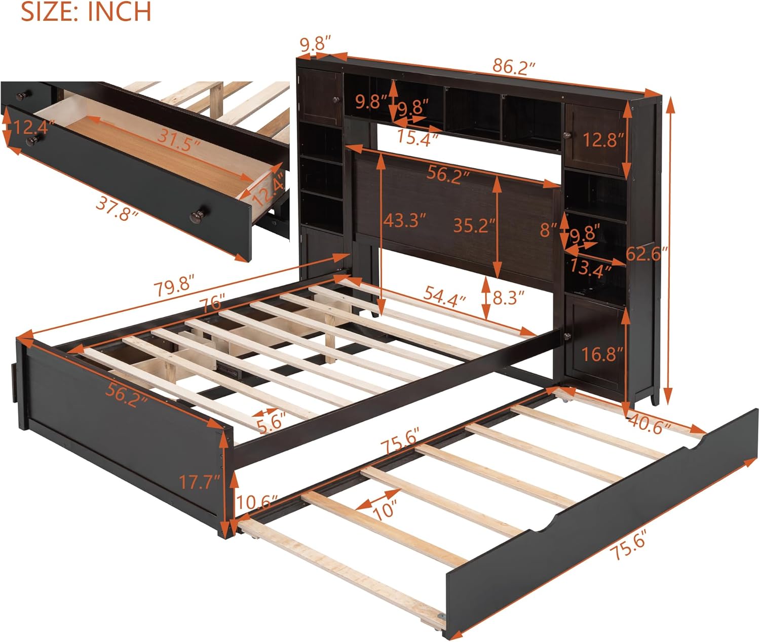 Full Storage Bed with Bookcase Headboard, Wood Full Size Platform Bed with Trundle and 2 Storage Drawers, Full Bed Frame with Cabinet and Shelf