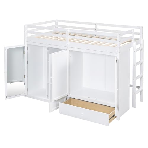 Harper & Bright Designs Twin Size Loft Bed with L-Shaped Desk and Stairs, Solid Wood Loft Bed Frame with Storage Drawers and Bookcase