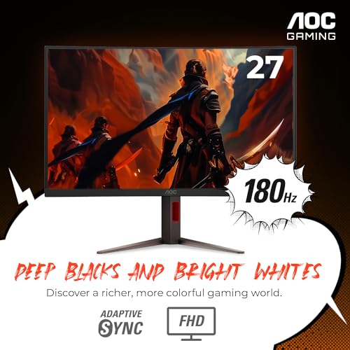 AOC C27G2Z 27" Curved Frameless Ultra-Fast Gaming Monitor, FHD 1080p, 0.5ms 240Hz, FreeSync, 2x HDMI 2.0, 1x Display Port, Height Adjustable