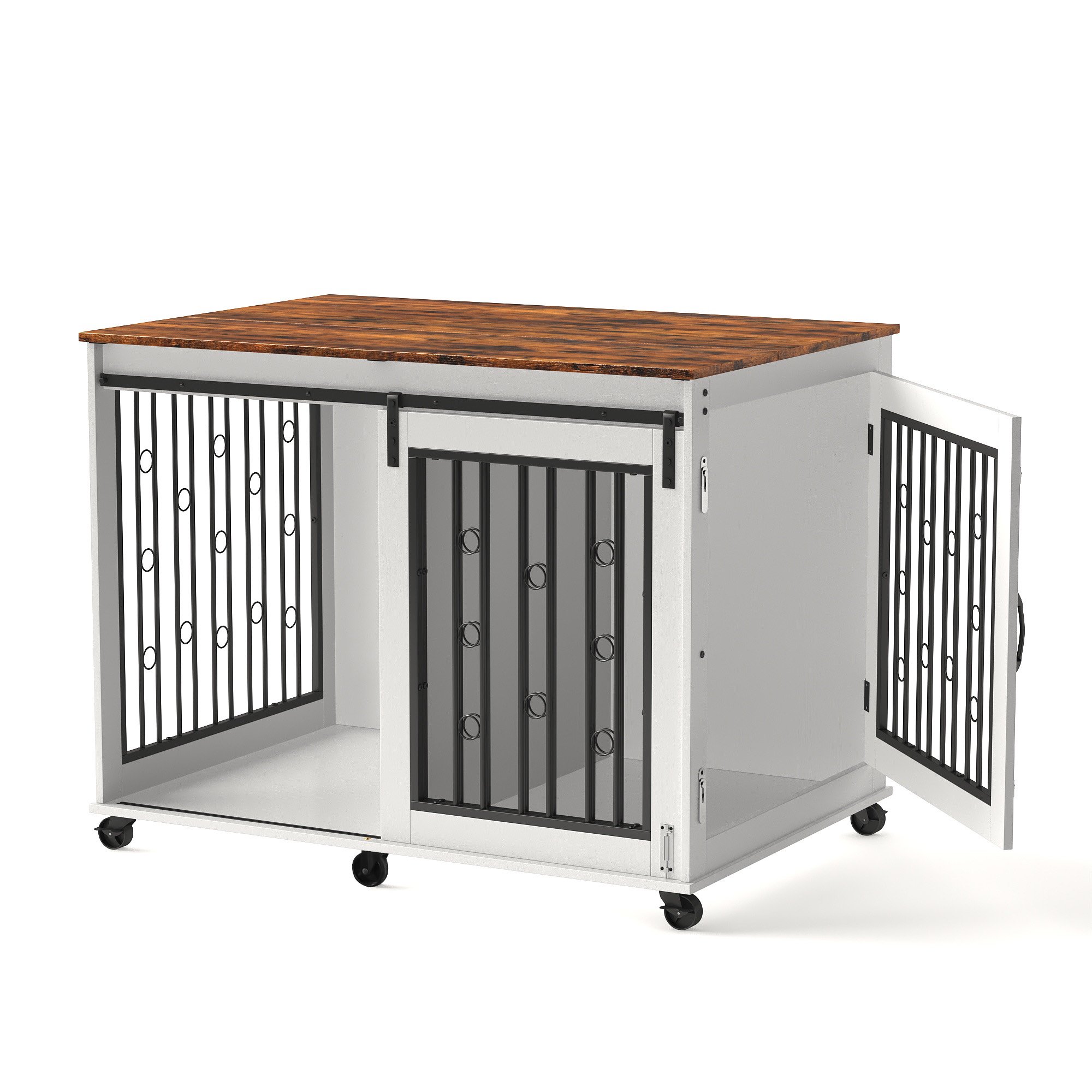 Ostreici 44" Anti-Bite Furniture Style Dog Crate Sliding Barn Door, Dog Kennel End Table w/ Wheels
