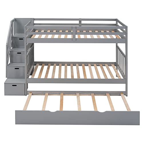 Ball & Cast Twin-Over-Twin Bunk Bed with Twin-Size Trundle and 3 Storage Stairs,Wood Bunkbed w/Full-Length Guardrails,Slat Support
