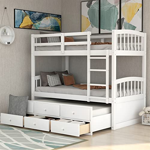 Harper & Bright Designs Twin Over Twin Bunk Bed with Trundle, Wooden Bunk Bed with 3 Storage Drawers and Safety Rail, Can be Convertible to 2 Beds