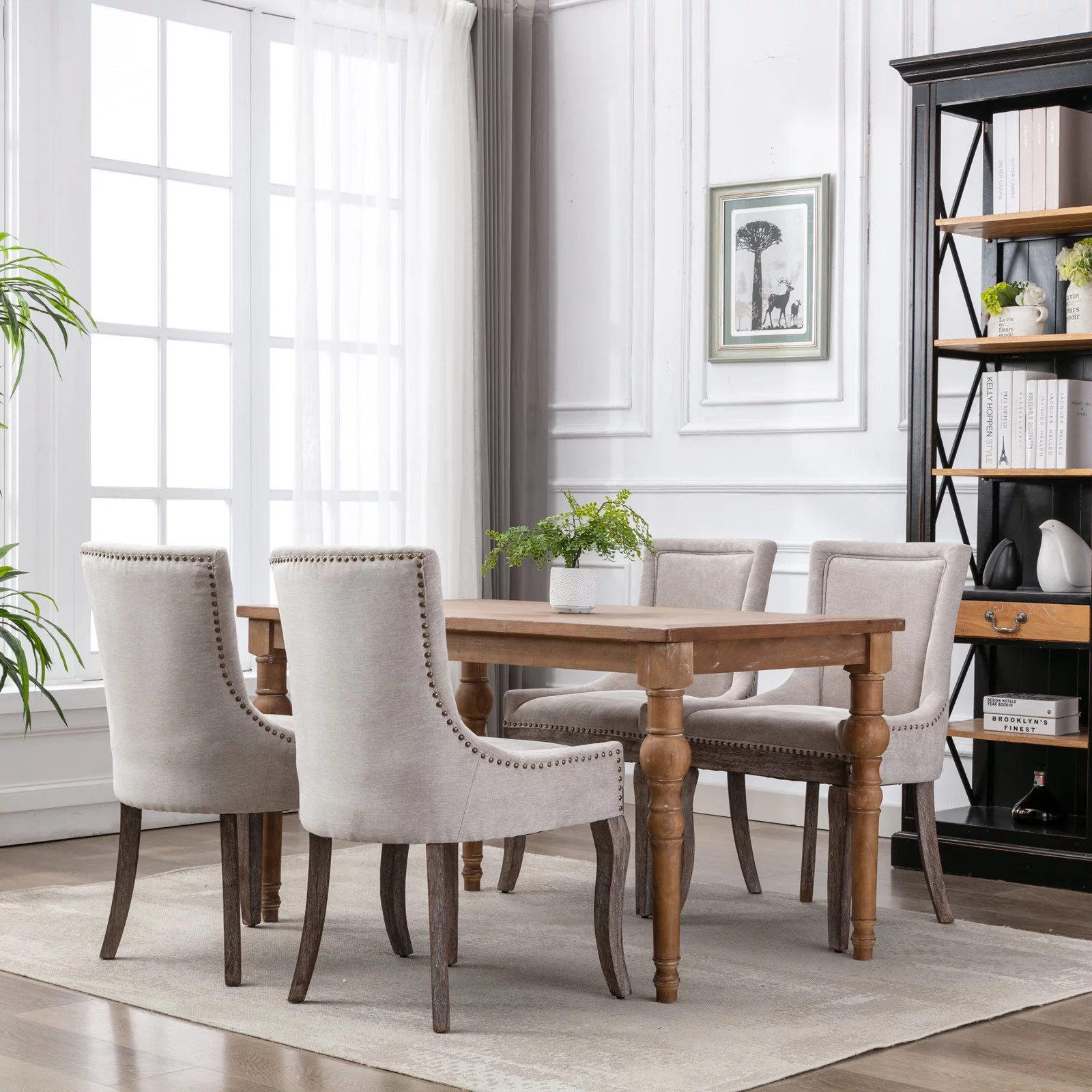 Elegant Button Tufted Side Dining Chairs, High-end Thickened Fabric Dining Chairs with Bronze Nail head