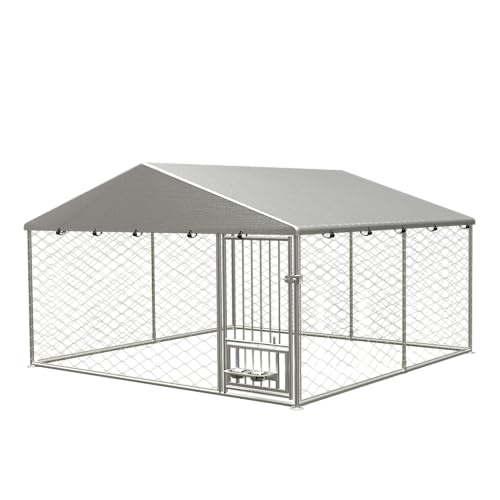 Large Outdoor Dog Kennel, Heavy Duty Galvanized Steel Dog Enclosure, Chicken Coop with Waterproof UV-Resistant Cover