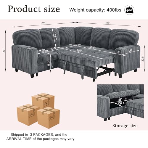 L-Shaped Pull Out Sleep Sofabed,Modern Reversible Sleeper Sectional Sofa Chenille Upholstered Button Tufted Decor with Storage Chaise