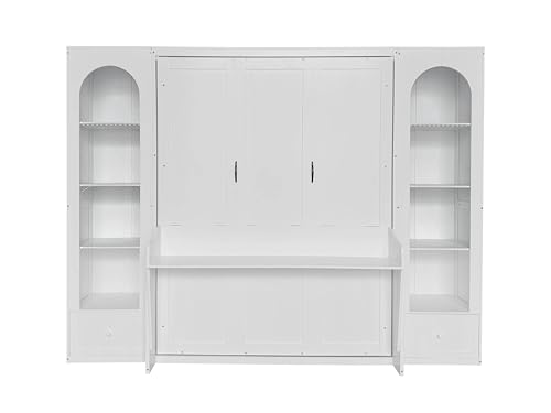 Queen Size Murphy Bed with Desk & Charging Station,Wall Bed Frame Folding into Cabinet Design w/LED & Storage Shelf for Small Space,Bedroom