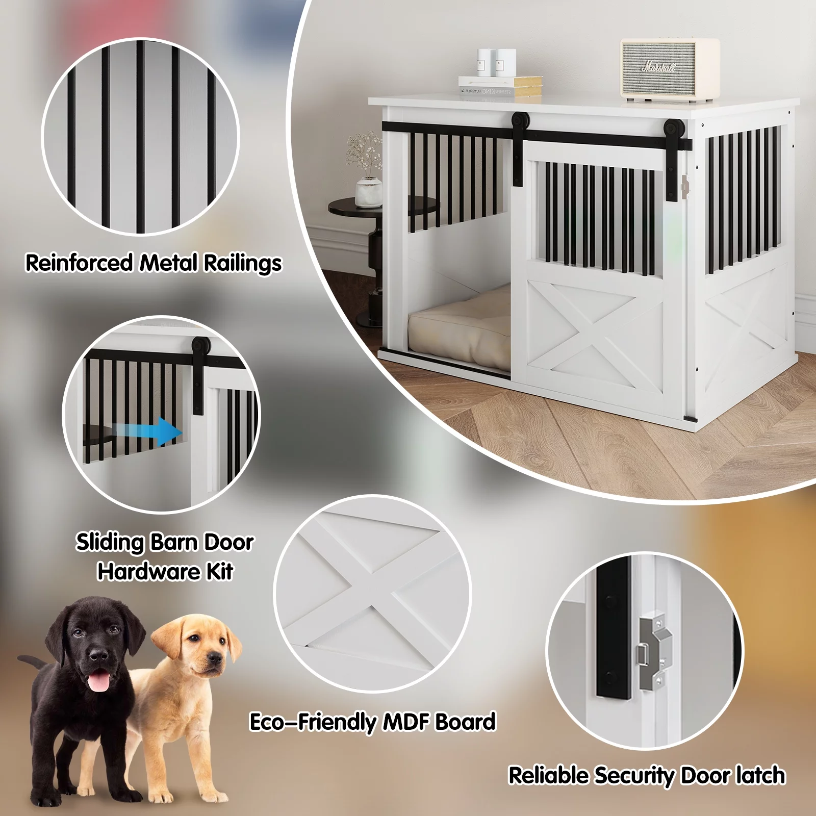 TENONER Dog Crate Furniture with Sliding Door, Wooden Dog Kennel Furniture Side End Table, Barn Door Large Pet Crate for Small to Medium Dogs, White