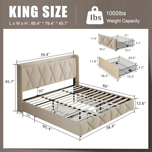 Queen Bed Frame with 4 Storage Drawers and Charging Station, Upholstered Platform Bed Frame with Storage Headboard, No Box Spring Needed