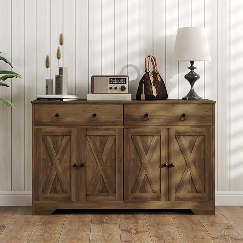 HOMCOM 48" Sideboard Buffet with Storage, Kitchen Storage Cabinet with 2 Drawers and 4 Barn Doors