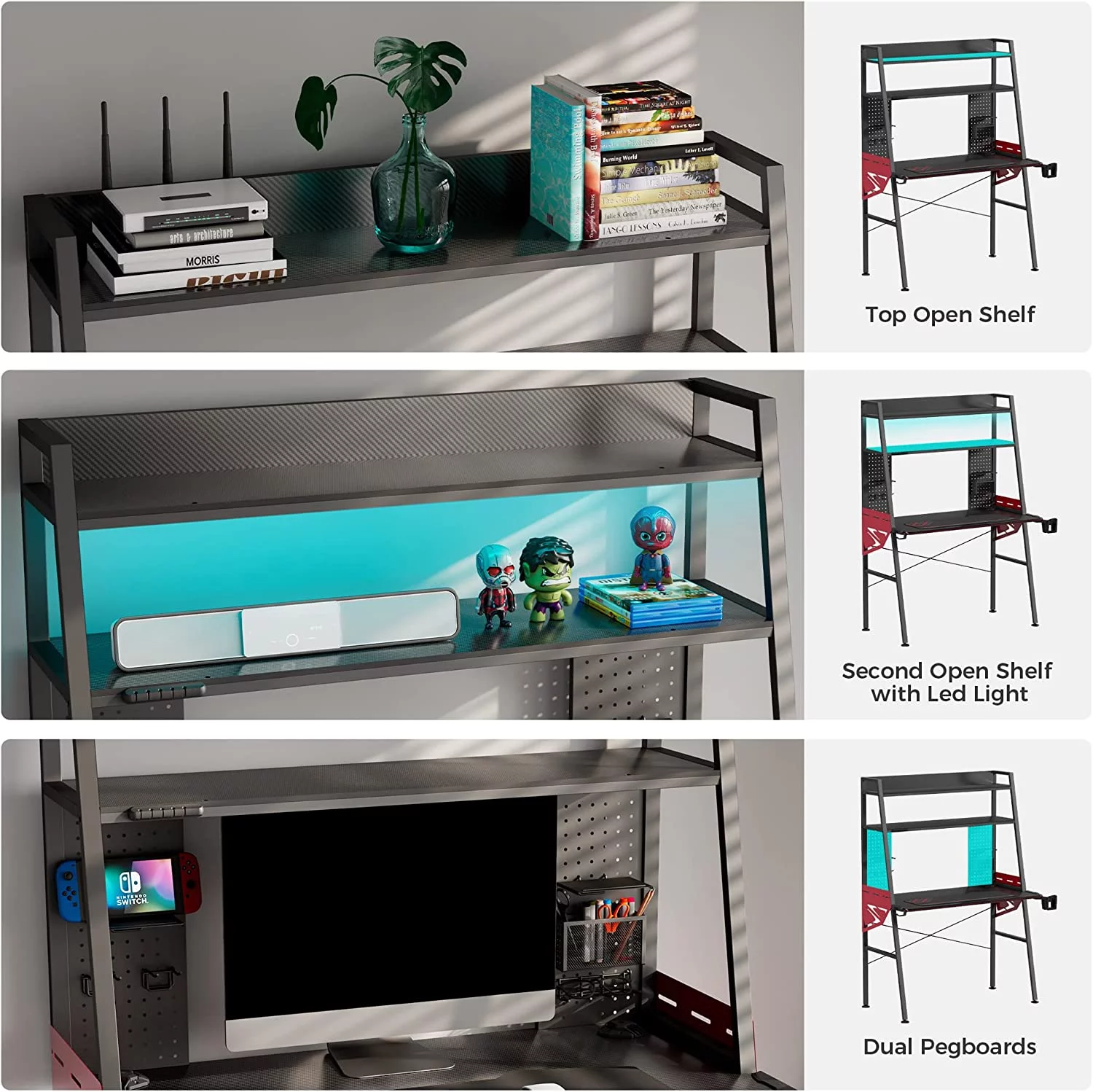 KHBIULIFE ERGONOMIC LED Gaming Desk with Shelves  Dual Pegboards  43''