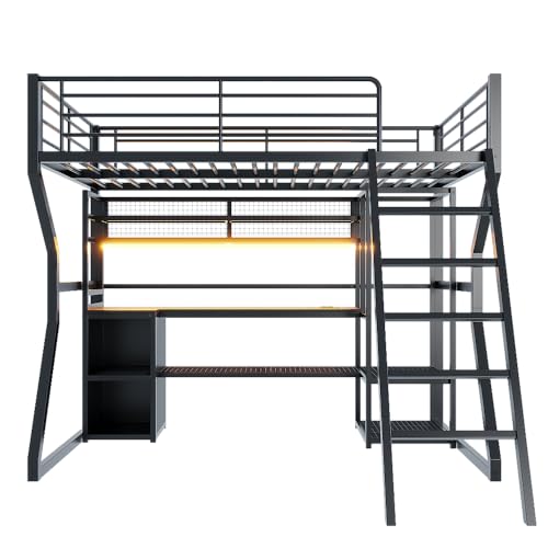 Loft Bed with Desk Queen Size, Gaming Loft Bed with LED Light for Adults, Heavy-duty Loft Beds Frame with Stairs & Wardrobe & Storage Shelves