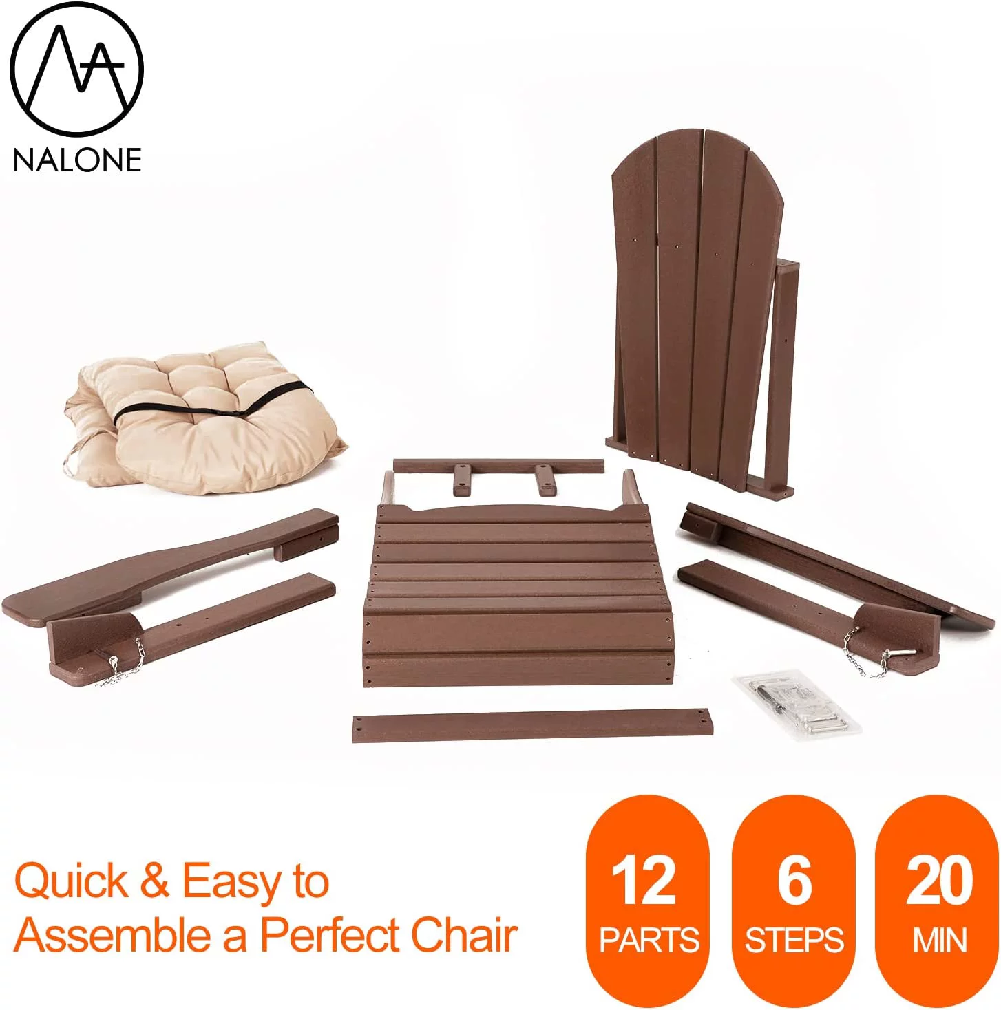 Nalone Folding Adirondack Chairs set of 2 with Cushion with Cup Holder, HDPE Plastic Oversized Patio Chair Weather Resistant(Wood)