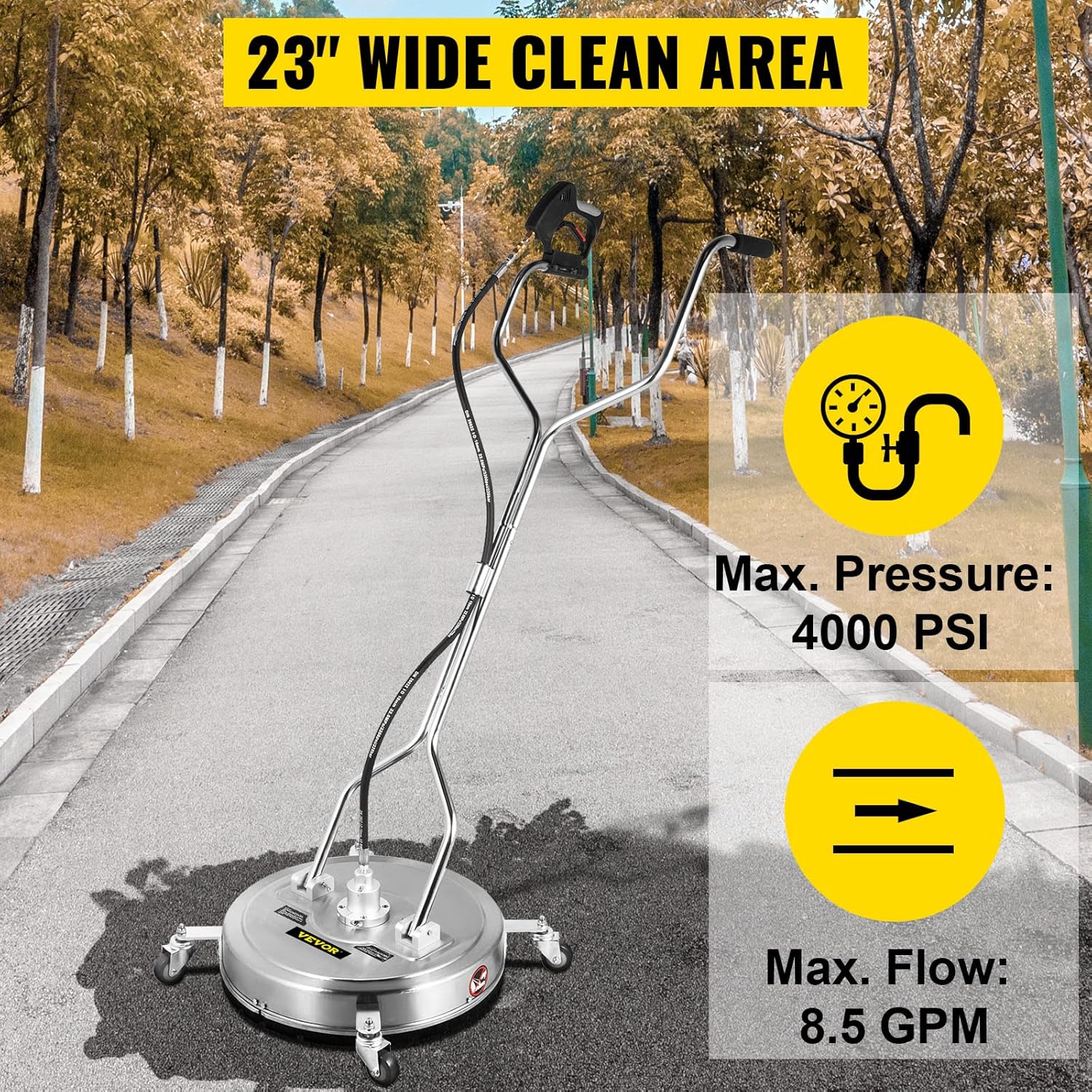 VEVOR Pressure Surface Cleaner, 18", 4000 PSI High-Pressure Washer with 1/4" Quick Connector, Dual Rotary Arms, and Castors