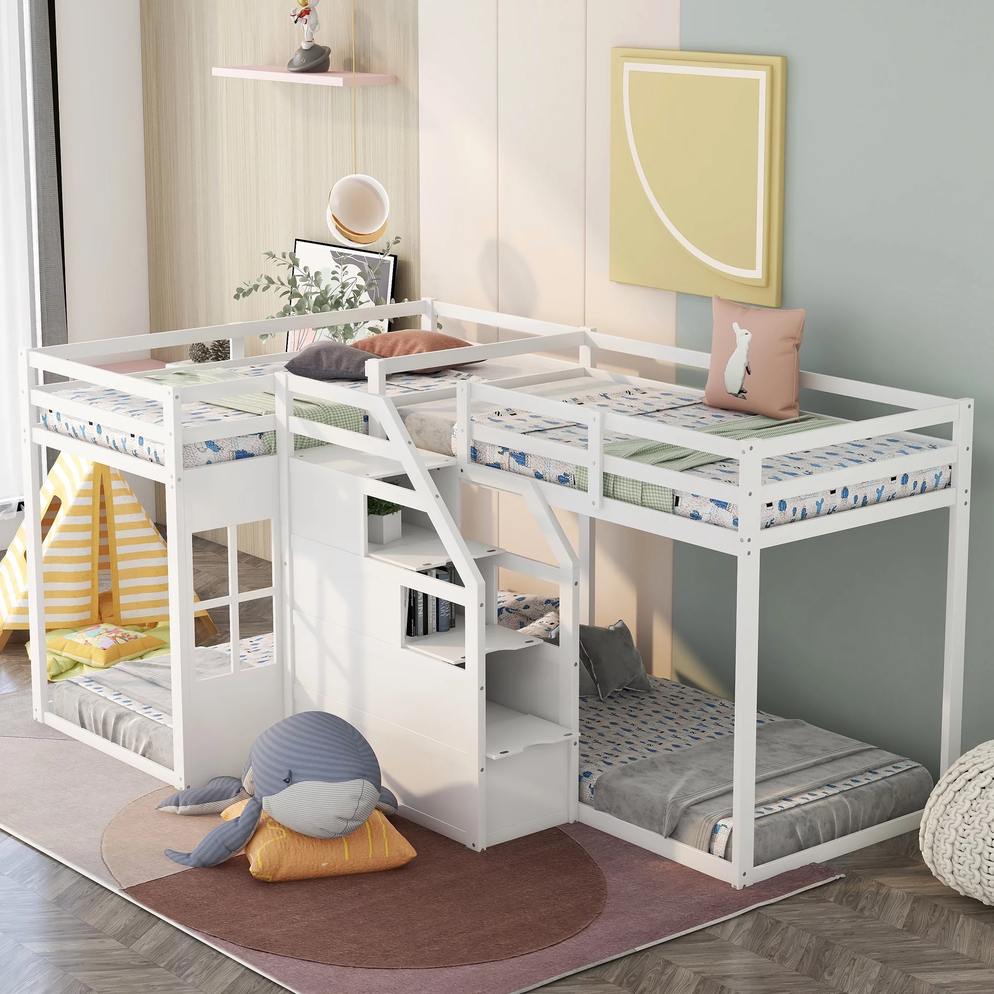 EUROCO Twin over Twin L-Shaped Bunk Bed with Middle Staircase, White - Curated Treasures Market